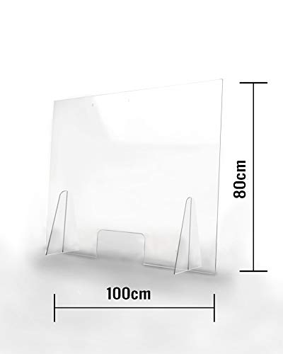 Pantalla Protección Mostrador 100x80cm - PET Policarbonato Transparente 4mm - Mampara para Mostradores ULTRARESISTENTE y ESTABLE - Separador Transparente para Colegios Supermercados Farmacias Tiendas