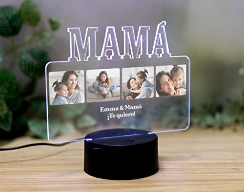 Made in Gift Lámpara de Metacrilato Personalizada “Mamá” 20x17cm con Fotos y Textos de Base Redonda Negra con Luces Cable USB como Regalo Original para el Día de la Madre